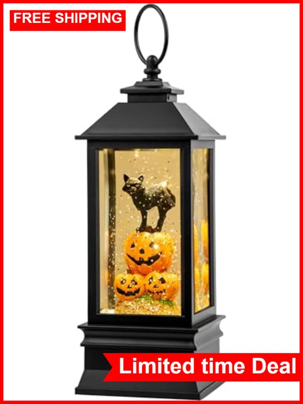 Halloween Snow Globe Lantern Spooky Witch Black Cat Pumpkins Music USB Battery